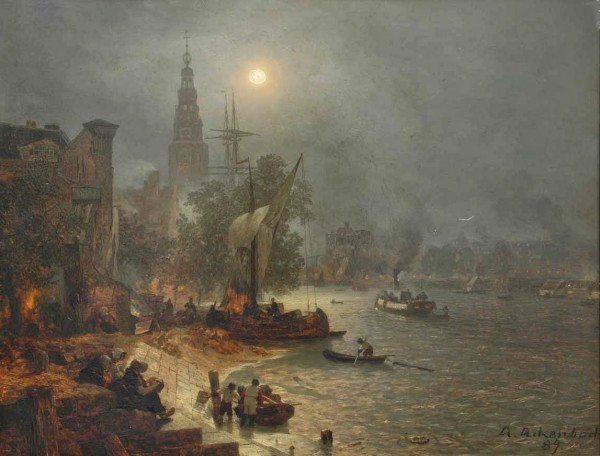 The harbor in the night by Andreas Achenbach